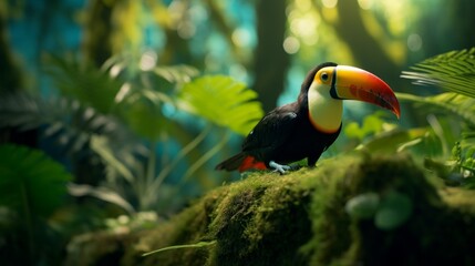 Keel billed Toucan, bird with big bill sitting on the branch in the forest. Neural network ai generated art