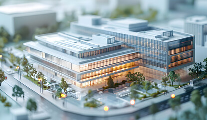 A detailed architectural model of a hospital building, highlighting modern design elements and intricate details with visible blueprints on the floor plan.