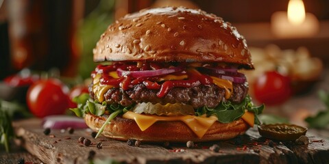 Canvas Print - Tasty Carolina cheeseburger with all the toppings on a bun