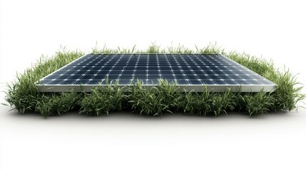 A solar panel surrounded by lush green grass, symbolizing sustainability and renewable energy in a clean environment.