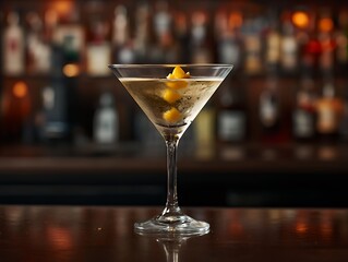 A single martini glass with a lemon twist garnish sits on a wooden bar counter with a blurred background of liquor bottles.