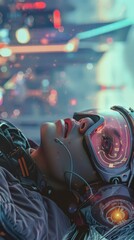 Poster - A woman in a futuristic outfit with goggles on her face and a headset on her head. She is looking at the camera