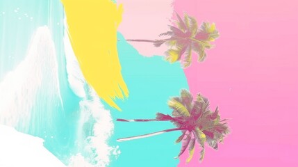 A colorful tropical scene with three palm trees and a blue wave. The colors are bright and cheerful, giving off a happy and relaxed vibe