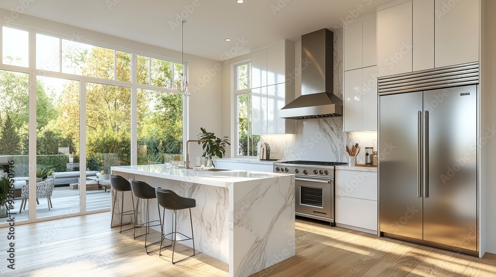 Modern and spacious open plan kitchen featuring island and garden view ...