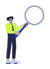 Poster - Male office worker with loupe searching 2D cartoon character. Latin american man employee magnifying glass isolated flat vector person white background. Research analysis color spot illustration