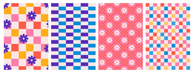 Wall Mural - Psychedelic Checkerboard. Groovy hippie 70s background set. Trippy checkered wallpaper. Retro vector illustration in Y2k style. Funky distorted poster patterns.