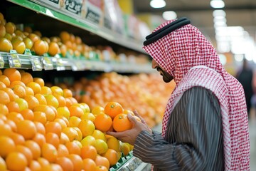 Man in Traditional Clothing Selecting Oranges at a Grocery Store