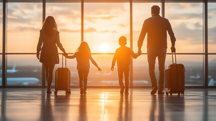 A family with two children is walking through the airport with luggage as they head off on holiday.