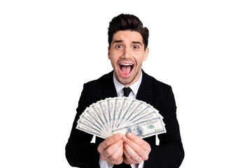 Sticker - Close-up portrait of his he nice attractive cheerful ecstatic guy financier banker agent broker economist auditor accountant holding in hand currency sum cashback isolated over light gray background