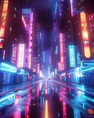 Cinematic Cyberpunk City Street with Neon Lights and Retro Colors in Minimalistic Cartoon Style