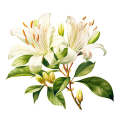 Wall Mural - Two white lilies with green leaves and buds isolated on transparency PNG background, artistically illustrated against a black background, suitable for floral-themed projects, botanical prints