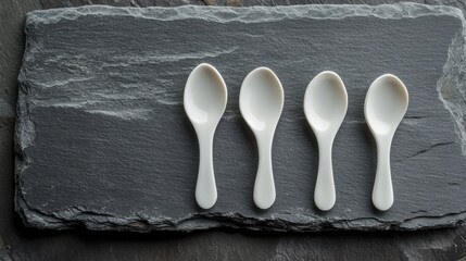 4 white spoons on a table