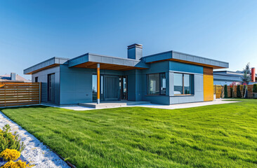 Modern home with a gray and blue exterior, a green grass lawn, a wooden fence, a clear sky, and a blue background