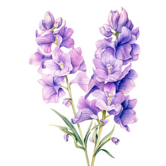 Wall Mural - Delicate watercolor illustration of purple flowers against a black background isolated on transparency PNG background, perfect for botanical prints, greeting cards, or decorative wall art,