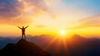 © Seksan - A person stands on a mountain peak during sunrise, celebrating nature's beauty and feeling a sense of freedom and achievement.