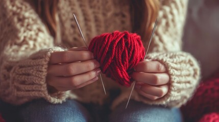 Handicrafts - woman knits with red thread