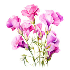 Wall Mural - A vibrant bouquet of pink sweet pea flowers captures the essence of spring isolated on transparency PNG background, perfect for floral designs, greeting cards, or botanical illustrations,