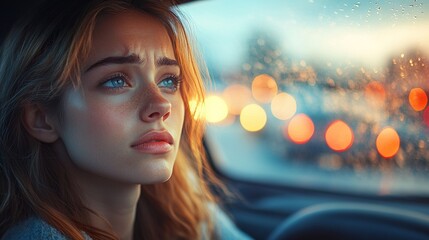 Wall Mural - An upset woman is driving her car through a city.