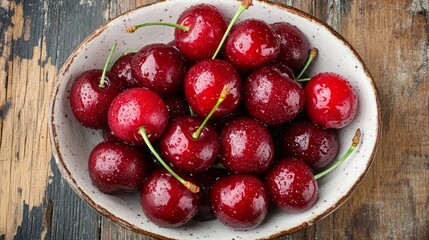 Many cherries in a dish on wood.