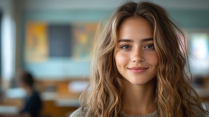 Wall Mural - A happy young teacher in a classroom smiles while looking at the camera.