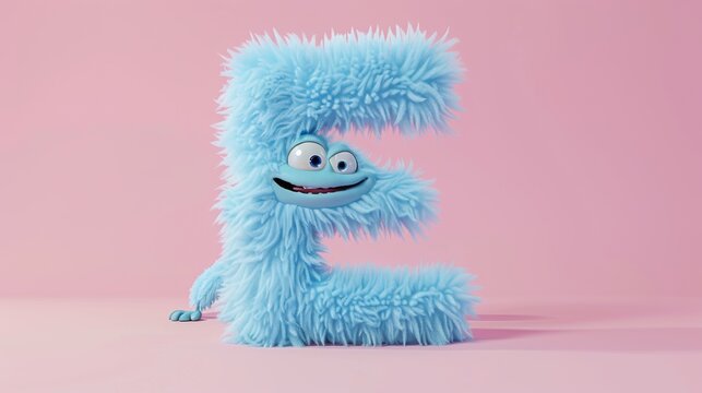 Blue 3D Fluffy Letter E with pink background.