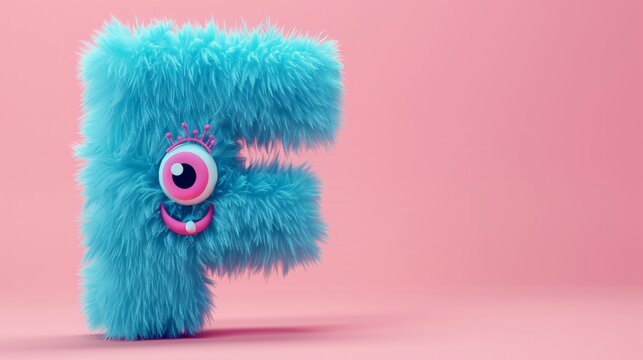 Blue 3D Fluffy Letter F with pink background.