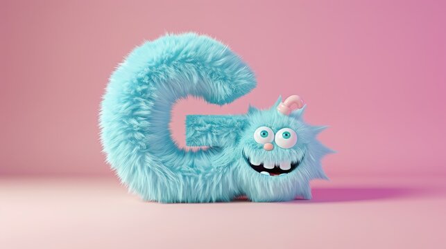 Blue 3D Fluffy Letter G with pink background.