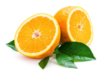 Two oranges with a leaf on top. The oranges are cut in half and the inside is visible