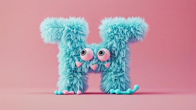 Blue 3D Fluffy Letter H with pink background.