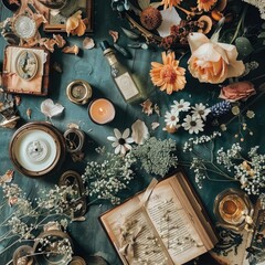 Wall Mural - A table with a book and flowers on top