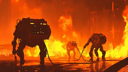 Three robots are battling in a fiery landscape with a glowing red and orange sky.