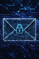 Wall Mural - An encrypted email icon with an envelope made of digital circuitry, and a solid padlock overlaying it, representing secure communication. 