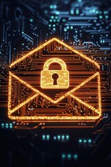 Wall Mural - An encrypted email icon with an envelope made of digital circuitry, and a solid padlock overlaying it, representing secure communication. 