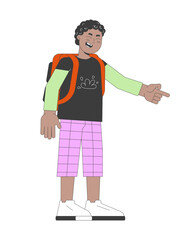 Poster - african american schoolboy pointing finger 2d cartoon character. black boy with backpack mocking iso