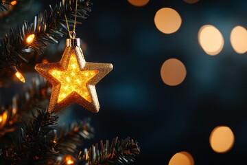 Wall Mural - A sparkling golden star ornament is beautifully hung on a Christmas tree, surrounded by warm glowing lights, creating a festive aura.