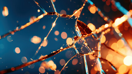 Poster - Close-up of shattered glass with reflections and bokeh lights in a vibrant blue and orange background, creating a dramatic visual contrast