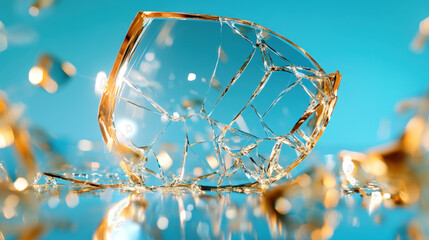 Poster - Shattered glass on a reflective surface creating an artistic visual, with light reflections enhancing the scene's appeal
