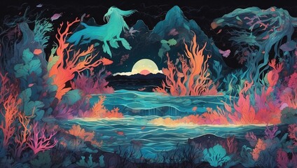 Wall Mural - Stunning illustration of a mystical ocean scene with glowing seaweed and mythical creatures, glowing in the dark with colorful multicolor light, centered on a black background