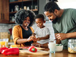 © Lumos sp - child family kitchen food boy son mother father breakfast preparing egg morning healthy diet eating home black african american father cooking, parent, cute, meal
