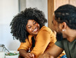 © Lumos sp - woman man couple happy together hug bonding talking dating  leisure fun smiling love young home kitchen two girlfriend boyfriend date wife relationship african american romance restaurant flirting