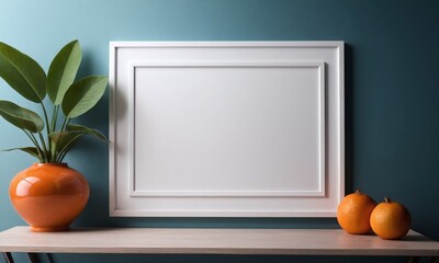 A white frame with a green plant sits on a table next to a vase of orange flower