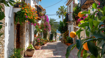 A charming summer street in a Mediterranean village, with narrow alleys, vibrant flowers cascading from balconies, and the scent of fresh citrus in the air.