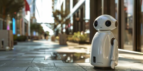 A friendly robot stands on a modern street, showcasing technology in an urban environment with vibrant shops and clear skies.