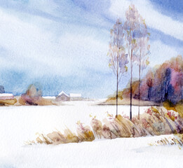 Poster - Watercolor painting. Rural winter landscape