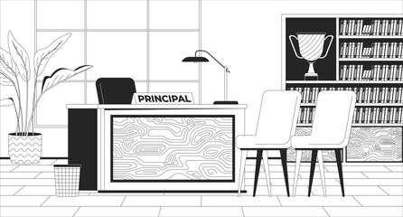 Wall Mural - School principal office furnishing black and white line illustration. Desk with chairs in formal cabinet 2D interior monochrome background. Education facility workplace outline vector image