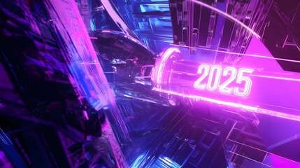 Canvas Print - Neon 2025 sign in a futuristic cityscape.