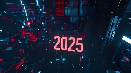 Canvas Print - 2025 in red neon lights against a dark futuristic background.