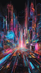 Wall Mural - Stunning illustration of a radiant cityscape with neon trails and holographic ads, glowing in the dark with colorful multicolor light, centered on a black background