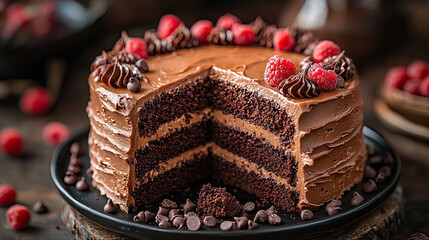 Wall Mural - chocolate cake topped with creamy frosting and small strawberries, with one slice taken out