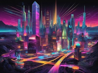 Wall Mural - Stunning illustration of a radiant high-tech city with neon highlights and advanced infrastructure, glowing in the dark with colorful multicolor light, centered on a black background